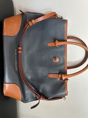 Dooney & Bourke Navy Pebble Leather Satchel with Tan Trim